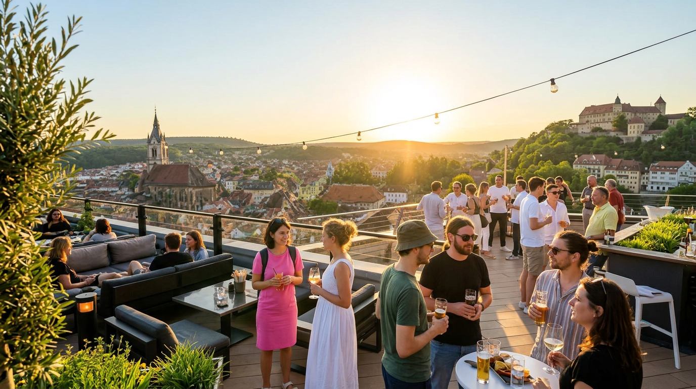 Dachterrasse der SKYBAR bei Sonnenuntergang